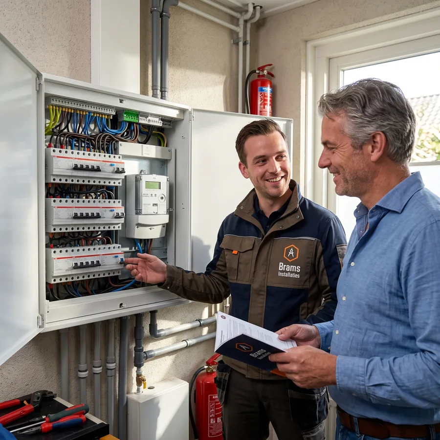 bramsinstallaties-elektricien-monteur-met-klant-op-de-foto-zijn-twee-mannen-zichtbaar Elektricien