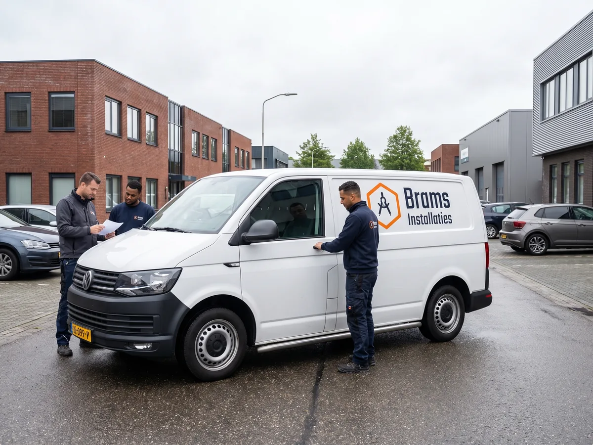 brams installaties bedrijfswagen medewerkers buiten een witte bestelwagen met het logo