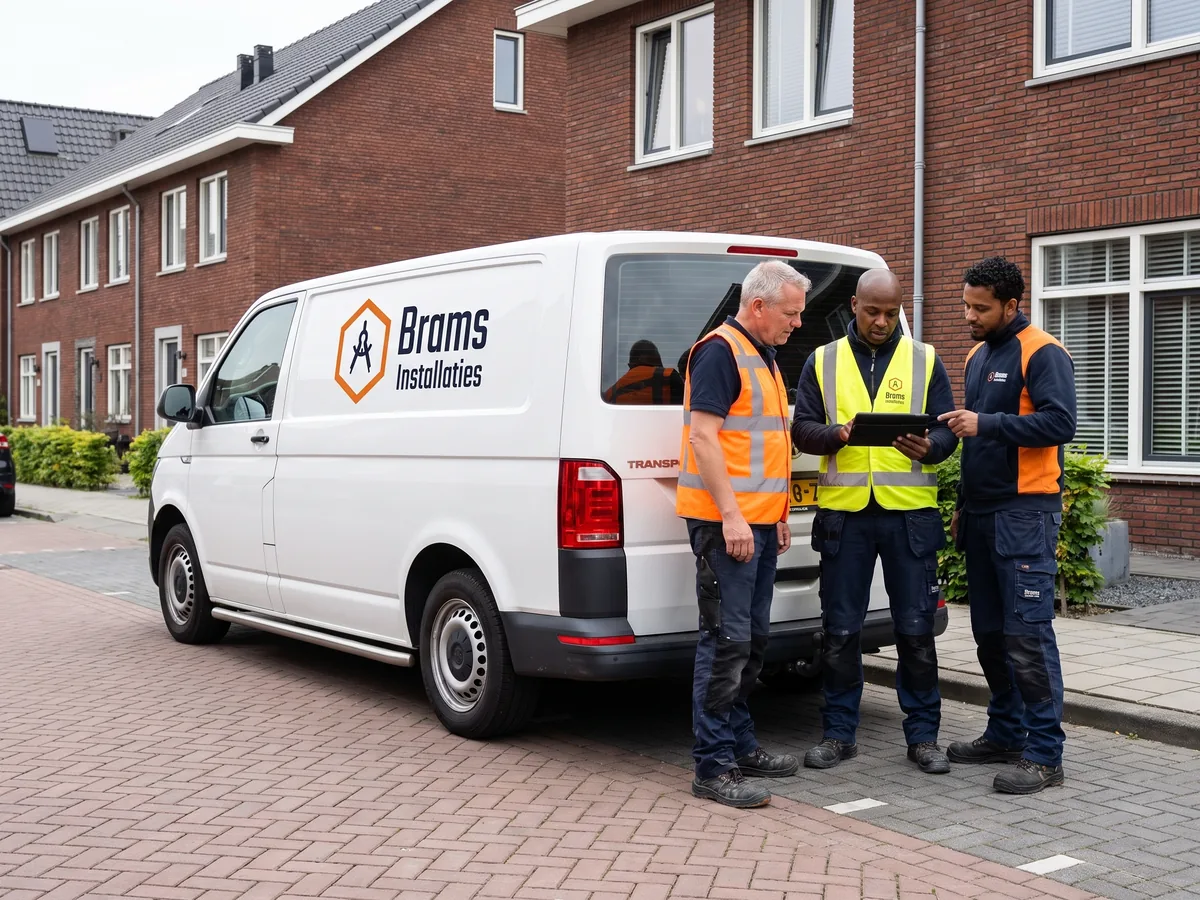 brams installaties busje medewerkers overleg een wit busje met het logo van brams inst