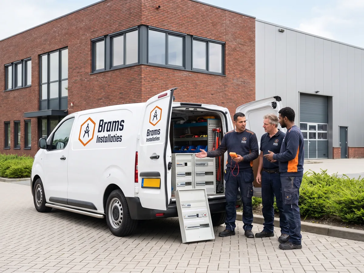brams installaties busje medewerkers voor pand op de foto is een wit busje te zien met