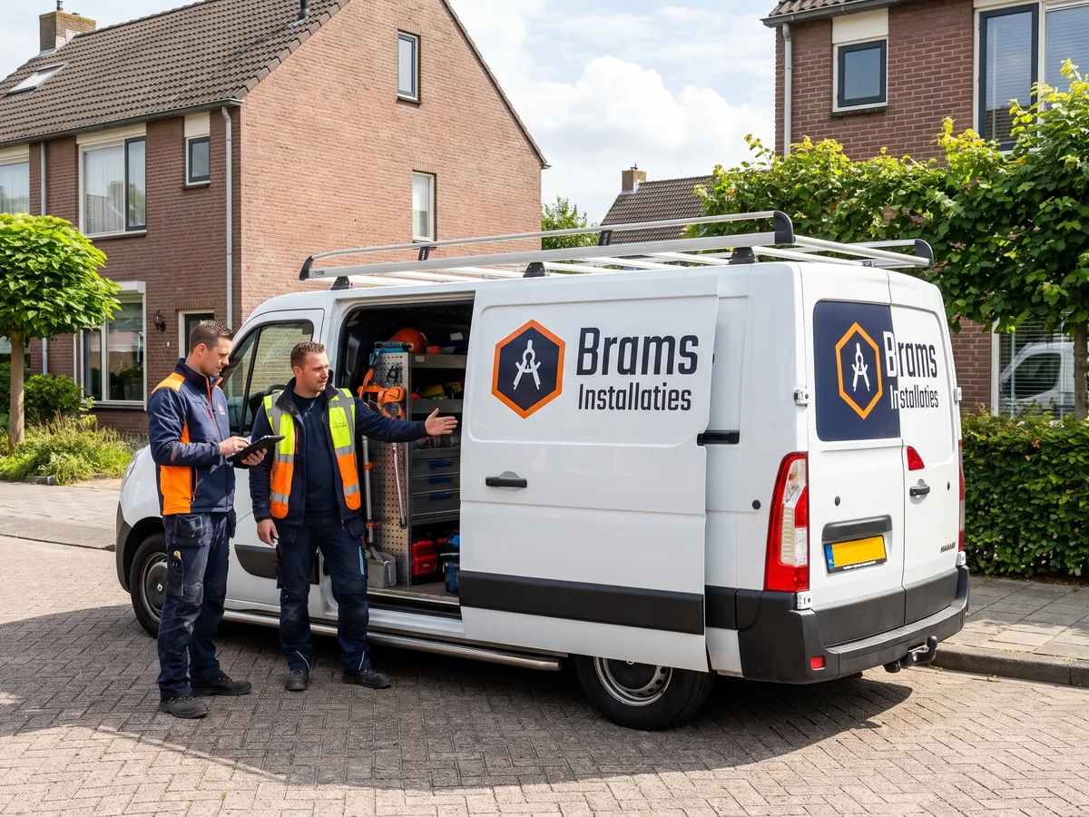 brams installaties busje medewerkers werk op de foto is een wit busje te zien met het