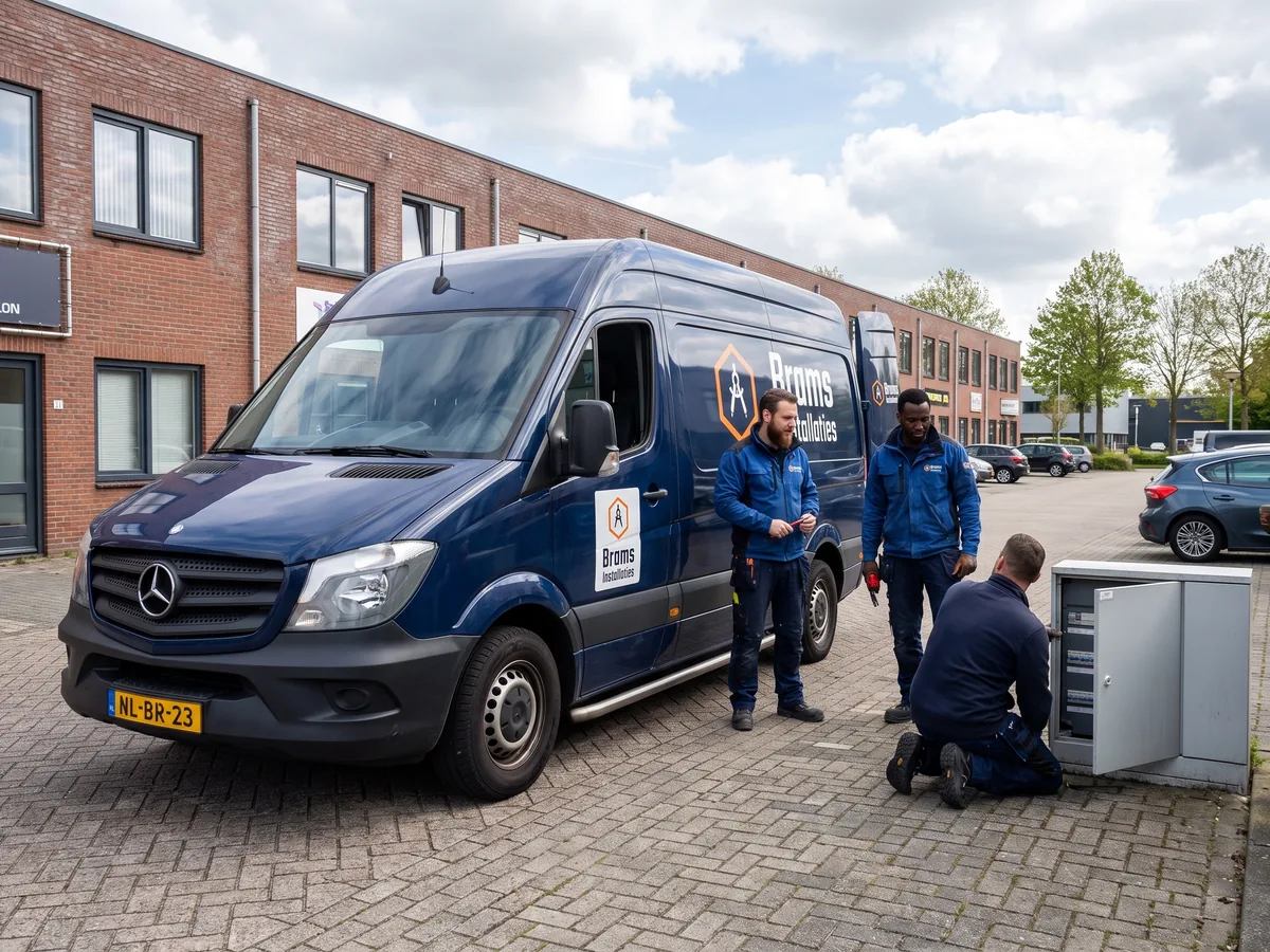 brams installaties busje medewerkers werkend op de foto is een blauw busje met het log