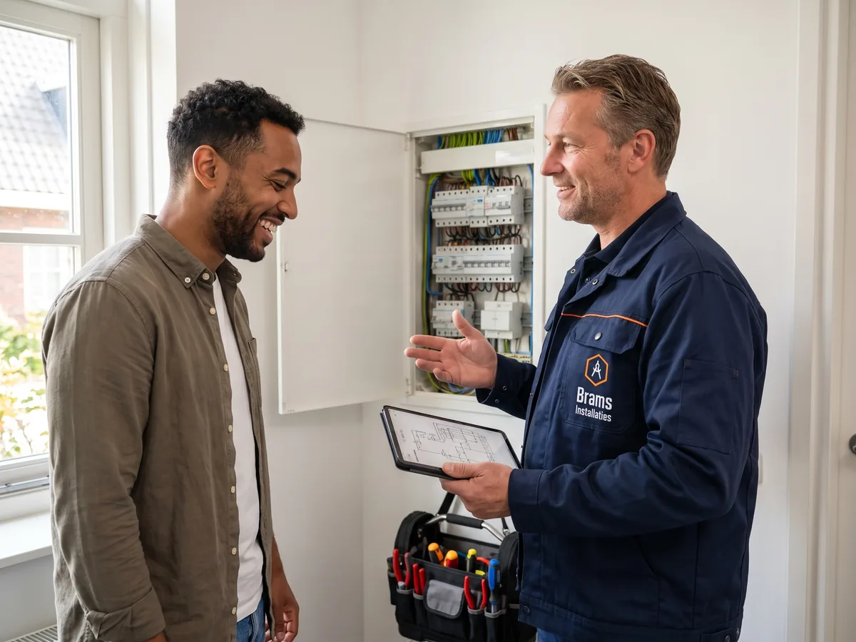 brams installaties elektricien gesprek klant twee mannen staan binnen bij een open met
