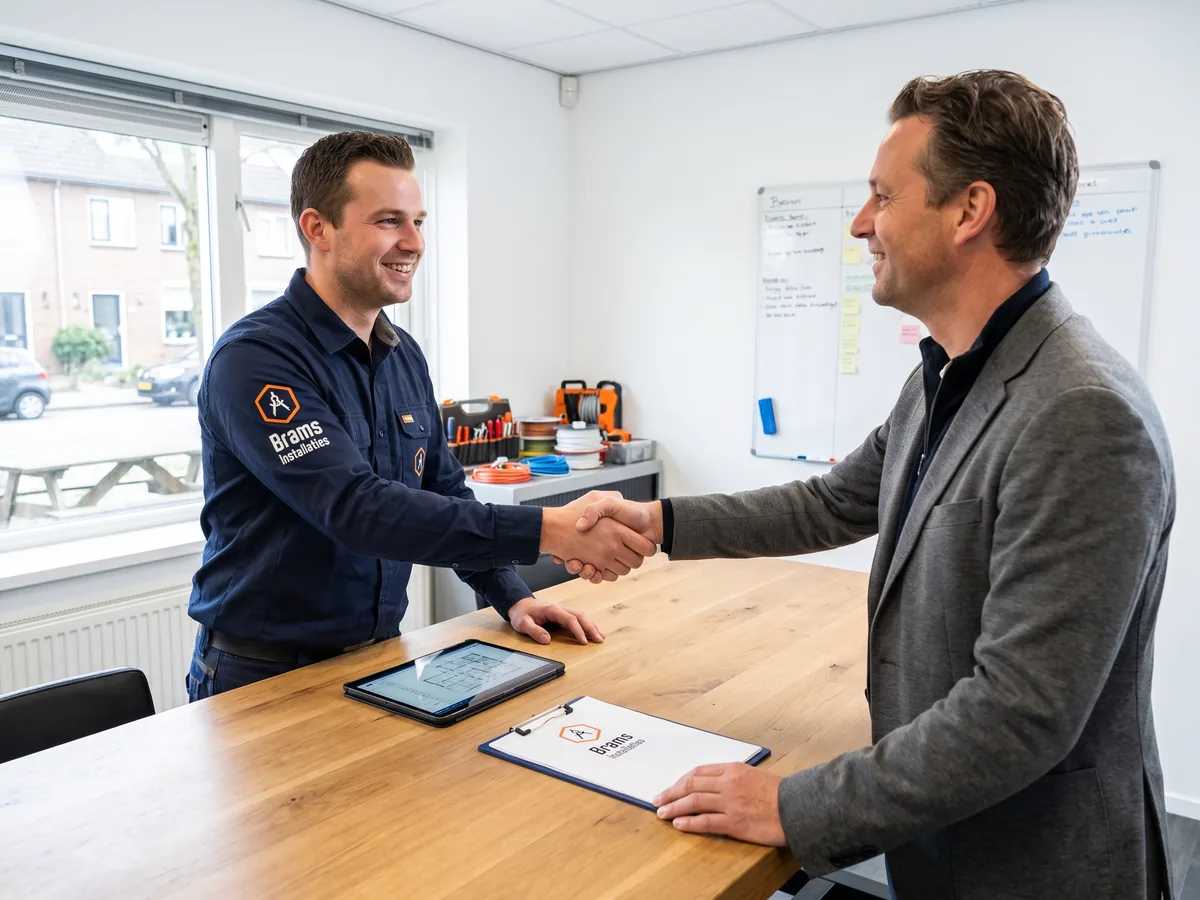 brams installaties handdruk overleg kantoor op de foto zijn twee mannen te zien die el
