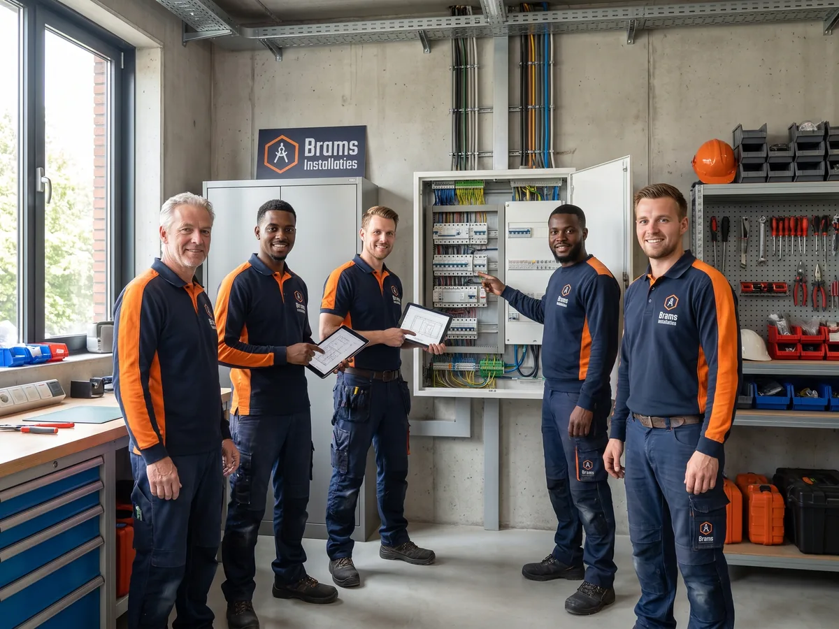 brams installaties teamfoto elektriciens groep op de foto is een groep van vijf medewe