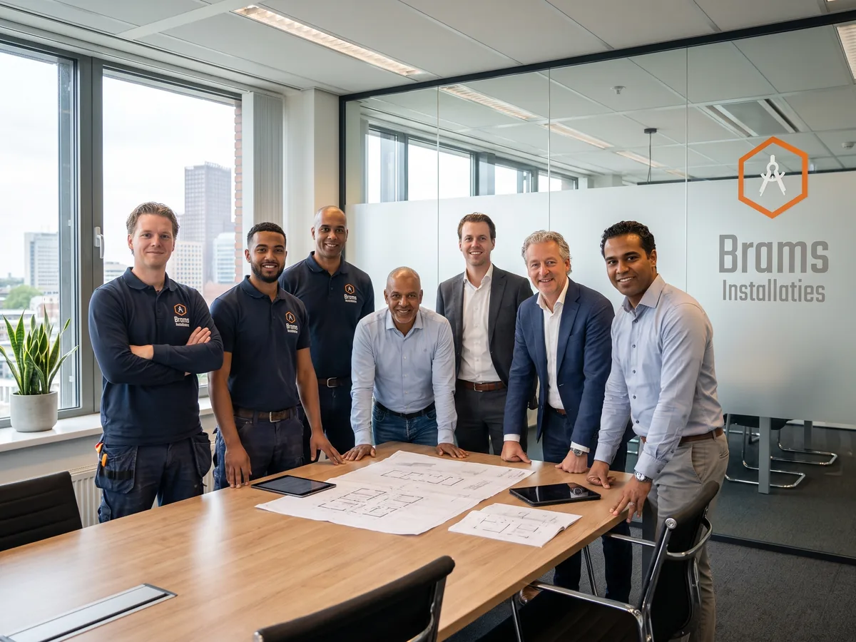 brams installaties teamfoto kantoor overleg een groep mensen staat rondom een tafel in