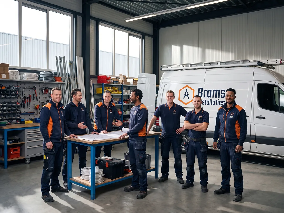 brams installaties teamfoto werkplaats busje op de foto is een groep medewerkers te zi