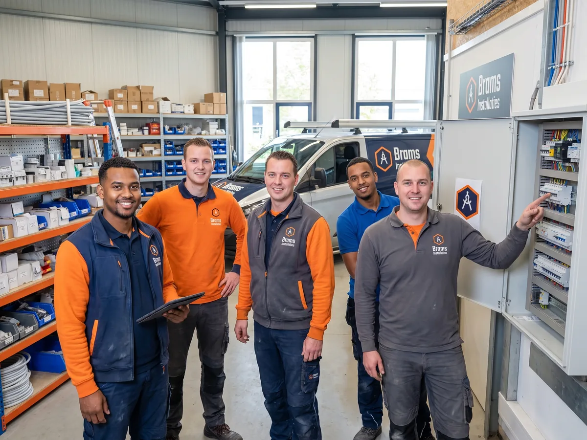 brams installaties teamfoto werkplaats elektriciens op de foto zijn vijf mannen te zie